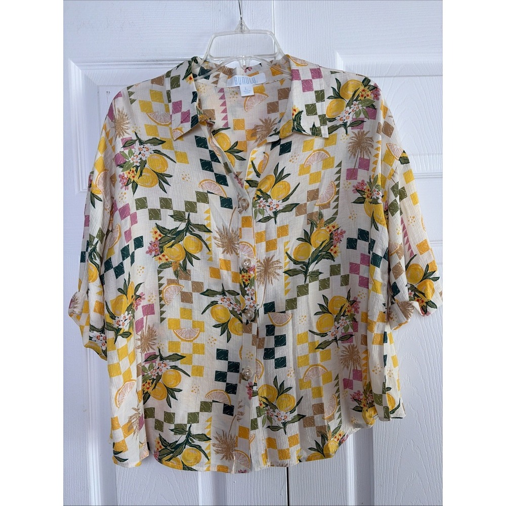 Bunulu Lemon Fruit Print Button Down Shirt Womens Size L Yellow Tropical Rayon